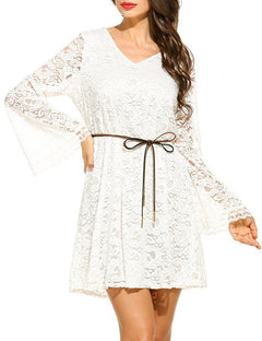 White lace dress with a brown belt on a white background