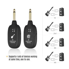 Two black wireless guitar transmitter and receiver sets with diagrams of a music setup.