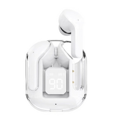 Wireless earbuds with charging case on a white background