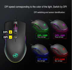 Gaming mouse with DPI switching and LED color indicators on a dark background