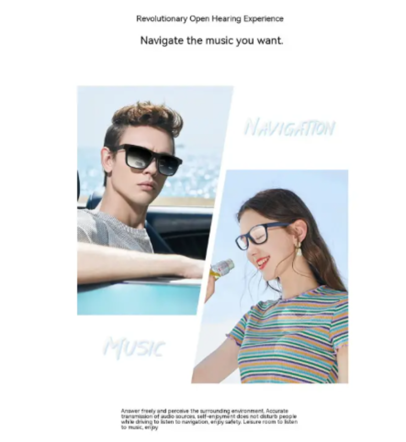Two people wearing sunglasses with text about a revolutionary open hearing experience.