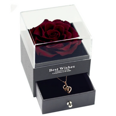Gift box with a rose and a necklace inside, labeled 'Best Wishes'.
