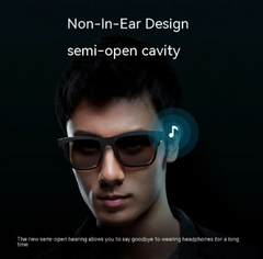 Person wearing sunglasses with a graphic of a music note and ear, indicating a non-in-ear design with semi-open cavity.