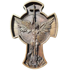 Decorative wall cross with angelic figure and text on a white background