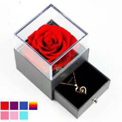 Open jewelry box with a red rose and necklace inside, on a white background.