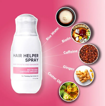 Hair helper spray bottle with ingredients on a pink background