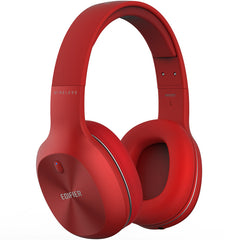 Red Edifier headphones on a white background