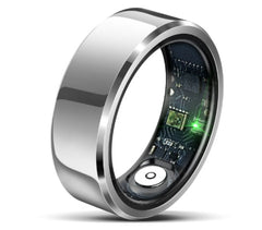 Silver smart ring with electronic components on a white background