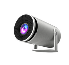 Projector with a colorful light on a white background