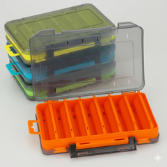 Stack of colorful plastic tackle boxes on a white background