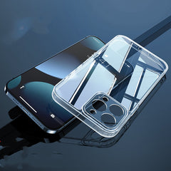 Clear phone case on a reflective surface with a dark background