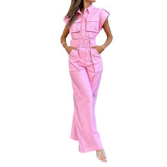 Pink jumpsuit worn by a model on a white background