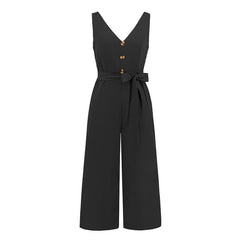 Black jumpsuit with a tie waist on a white background