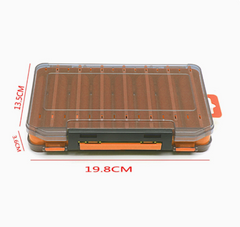 Fishing tackle box with dimensions on a white background