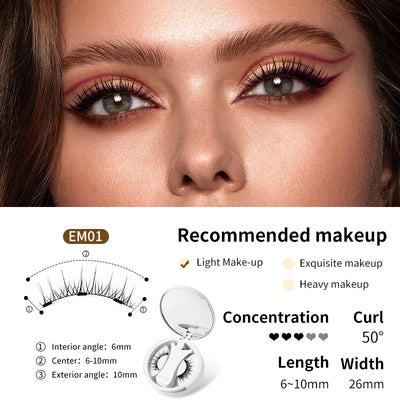 Close-up of a woman's eye with makeup and recommended lash EM01 details.