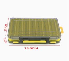 Clear fishing tackle box with yellow accents and measurements on a white background