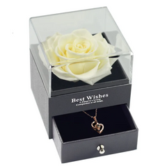 White rose in a transparent box with a heart-shaped pendant inside, on a white background.