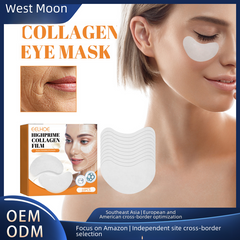 Collagen eye mask packaging with a woman wearing the mask, West Moon brand visible.