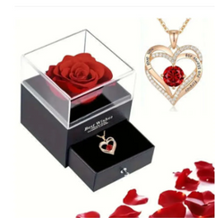 Red rose in a clear box with a heart-shaped gold necklace featuring a red gemstone on a white background.