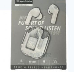 Packaging of True Wireless Headphones with text on a gray background