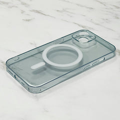 Clear phone case with a white ring on a marble surface