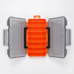 Orange fishing box with gray lids on a white background