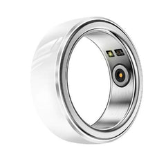 A silver smart ring with a brushed metal interior, featuring  sensors on the back, shown on a plain white background.