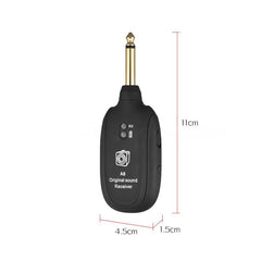 Black wireless guitar receiver with measurements on a white background