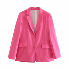 A bright pink blazer jacket with notch lapels, a two-button front closure, and flap pockets, shown against a plain white background.