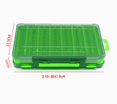 Green plastic tackle box with dimensions on a white background