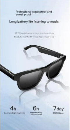 Sunglasses with electronic components on a light blue background, featuring text about battery life and waterproof/sweat proof features.