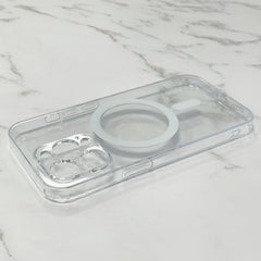Clear phone case with a ring holder on a marble surface