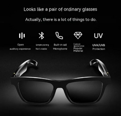Black sunglasses with text and icons on a dark background