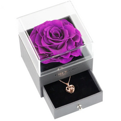 Purple rose in a clear box with a heart-shaped necklace inside on a white background