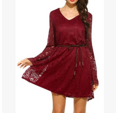 Burgundy lace dress with long sleeves on a white background