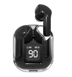 Black wireless earbuds with charging case displaying battery level on a white background