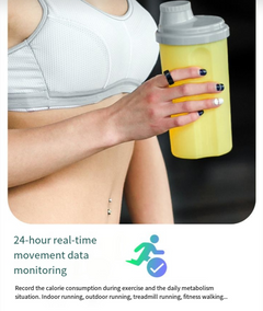 A woman in a white sports bra holds a yellow shaker bottle with a gray lid. Text below reads '24-hour real-time movement data monitoring' with a running icon.