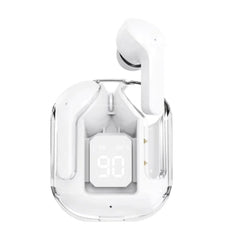 Wireless earbuds with charging case on a white background