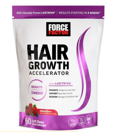 A stand-up pouch of Force Factor Hair Growth Accelerator in Mixed Berry flavor, featuring a white and purple design with the brand logo and product name in bold text.