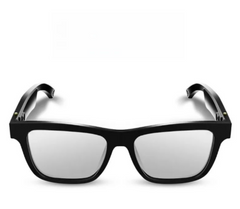 Black sunglasses with reflective lenses on a white background