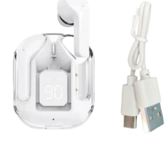 White earbuds with charging case and cable on a white background