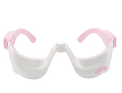 White face mask with pink straps on a white background