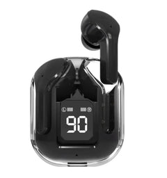 Black wireless earbuds with charging case displaying battery level on a white background