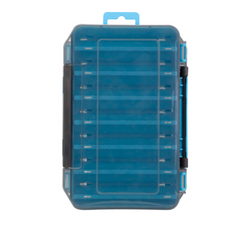 Blue transparent fishing box with black accents on a white background