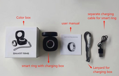 Smart ring with packaging, charging box, lanyard, and user manual on a white background