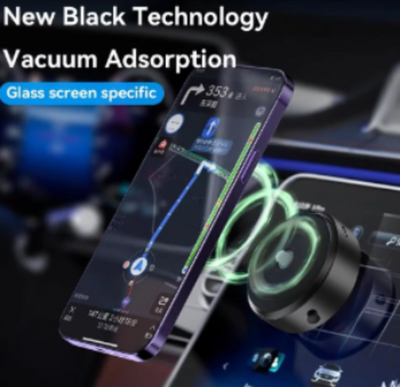 Phone screen with vacuum adsorption technology and text 'New Black Technology Vacuum Adsorption'.