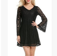 Black lace dress with long sleeves worn by a model on a white background