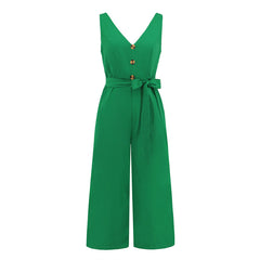 Green jumpsuit with a belt on a white background