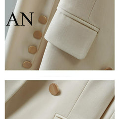 Close-up detail shots of a cream-colored double-breasted blazer or coat, showing a pocket flap, button closure, and round metallic buttons. The top panel includes the text 'AN' in the upper left corner.
