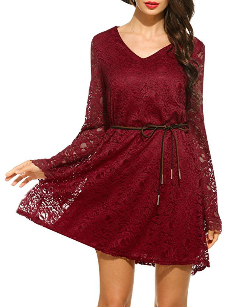Red lace dress with long sleeves on a white background